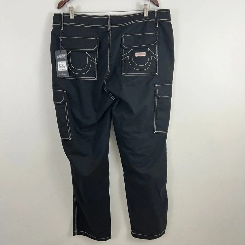 True Religion Cargo Pants Mens 36 Jet Black White Contrast Stitch 108335